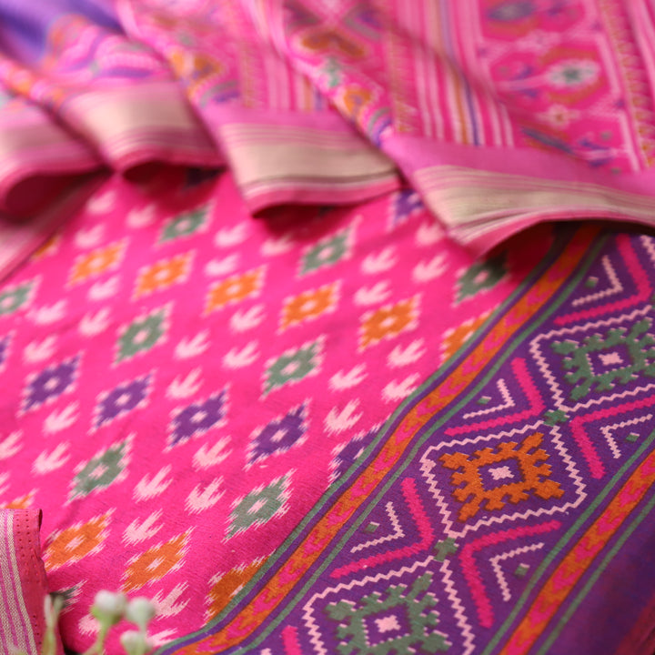 Rua Magenta Pink Patola Shadow Printed Work Muslin Silk Set