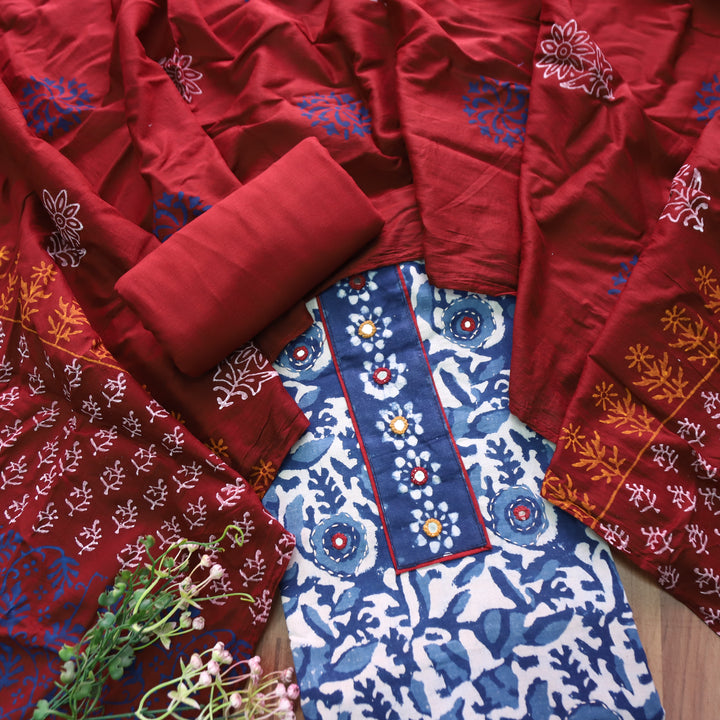 Bhanushi Indigo Blue  Kutch Mirror Dabu Printed Cotton Suit Set D4