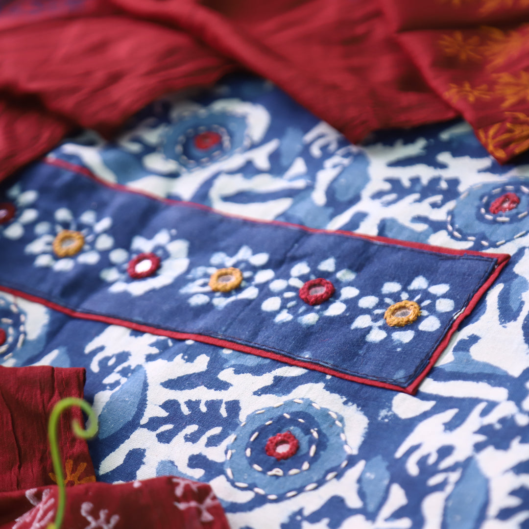 Bhanushi Indigo Blue  Kutch Mirror Dabu Printed Cotton Suit Set D4