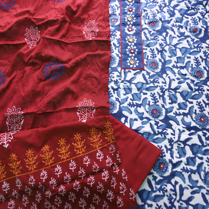 Bhanushi Indigo Blue  Kutch Mirror Dabu Printed Cotton Suit Set D4