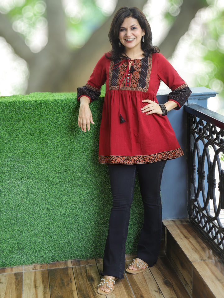 Naorang Red Ajrak Patch with Mirror Peplum Short Cotton Kurti