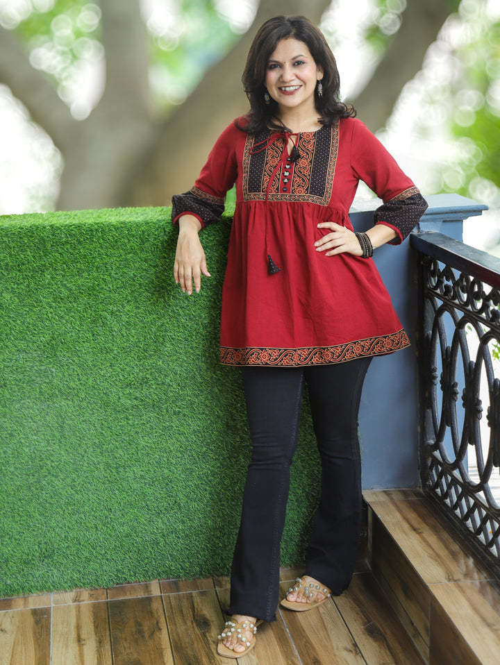 Naorang Red Ajrak Patch with Mirror Peplum Short Cotton Kurti