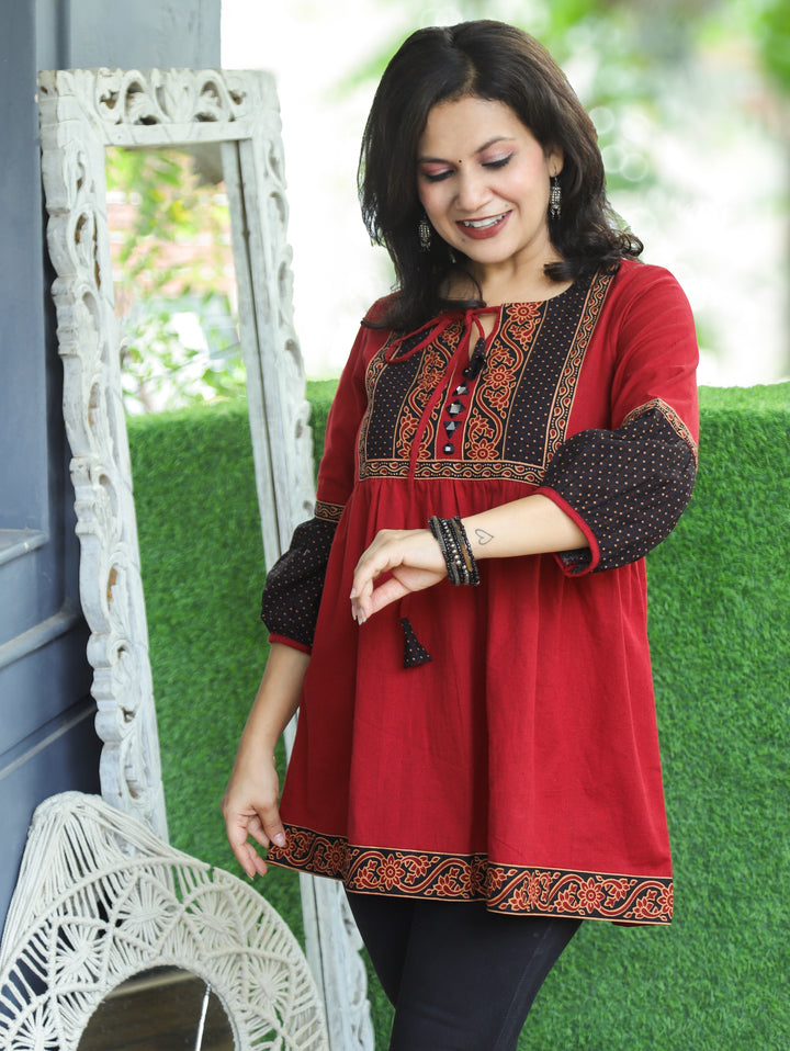Naorang Red Ajrak Patch with Mirror Peplum Short Cotton Kurti