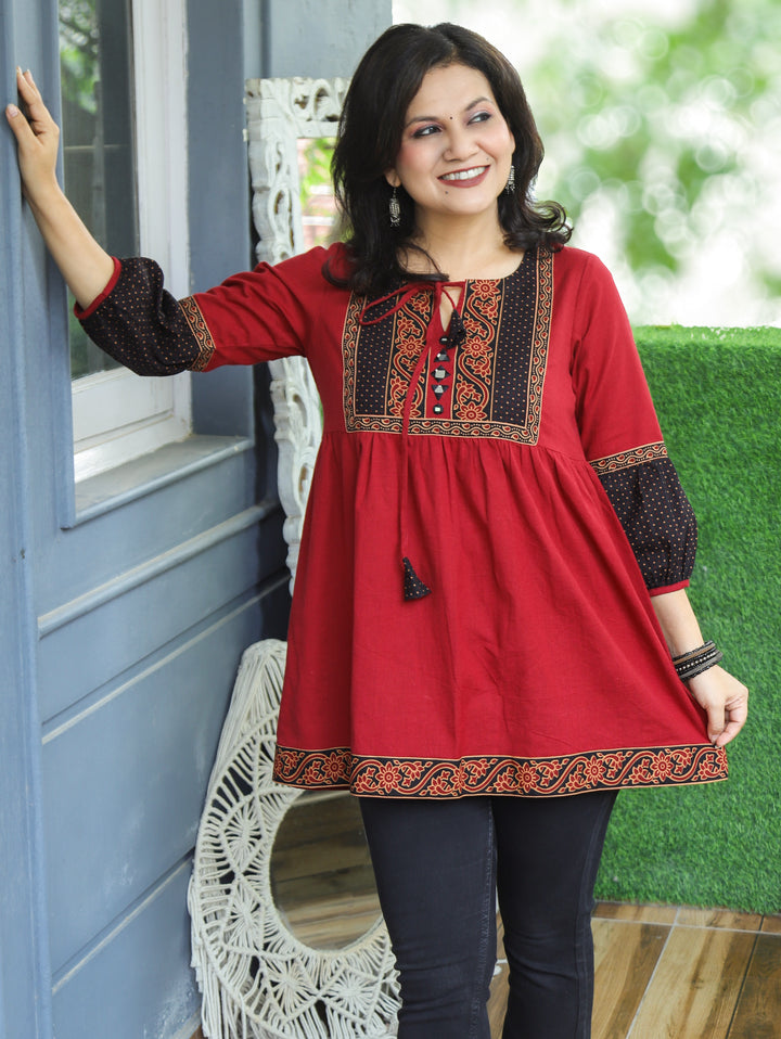 Naorang Red Ajrak Patch with Mirror Peplum Short Cotton Kurti