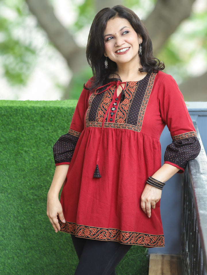 Naorang Red Ajrak Patch with Mirror Peplum Short Cotton Kurti