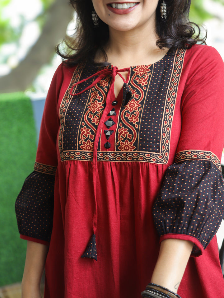 Naorang Red Ajrak Patch with Mirror Peplum Short Cotton Kurti