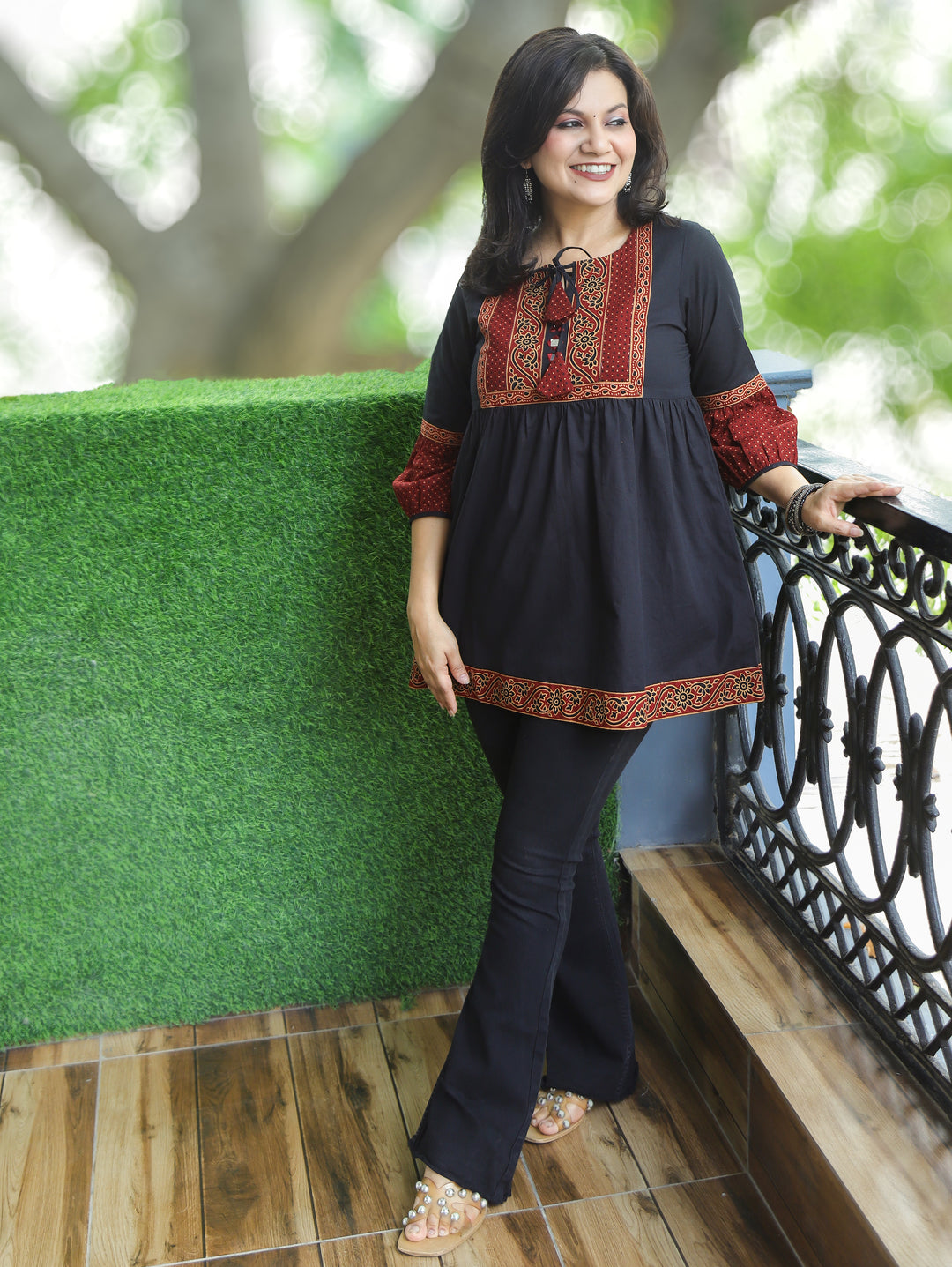 Naorang Black Ajrak Patch with Mirror Peplum Short Cotton Kurti