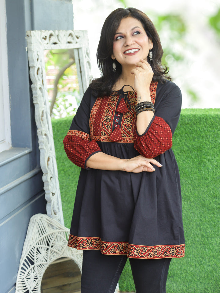 Naorang Black Ajrak Patch with Mirror Peplum Short Cotton Kurti
