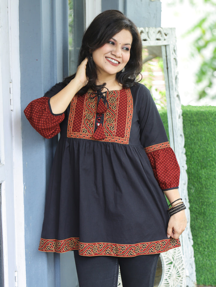 Naorang Black Ajrak Patch with Mirror Peplum Short Cotton Kurti