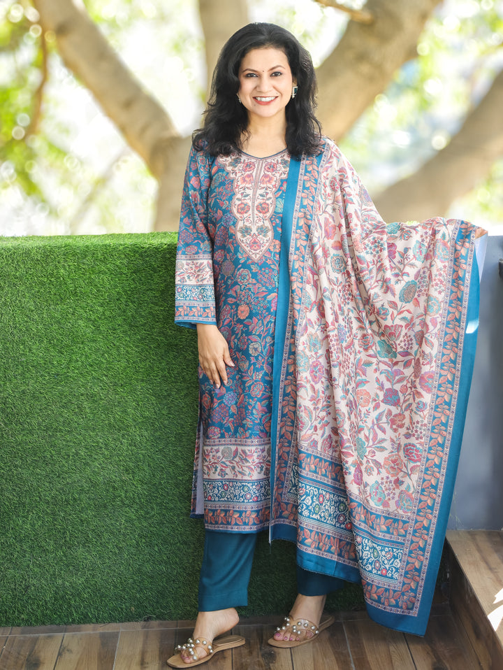 Tejaswi Aqua Teal Round Neck Kashmiri Floral Print Semi Pashmina 3 Piece Set