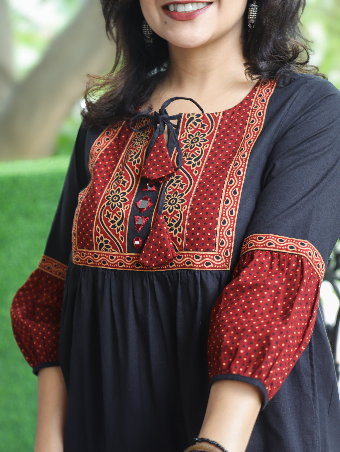 Naorang Black Ajrak Patch with Mirror Peplum Short Cotton Kurti
