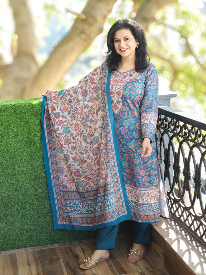 Tejaswi Aqua Teal Round Neck Kashmiri Floral Print Semi Pashmina 3 Piece Set