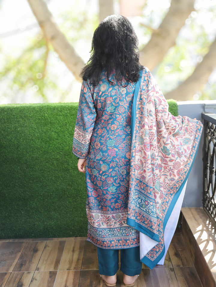 Tejaswi Aqua Teal Round Neck Kashmiri Floral Print Semi Pashmina 3 Piece Set