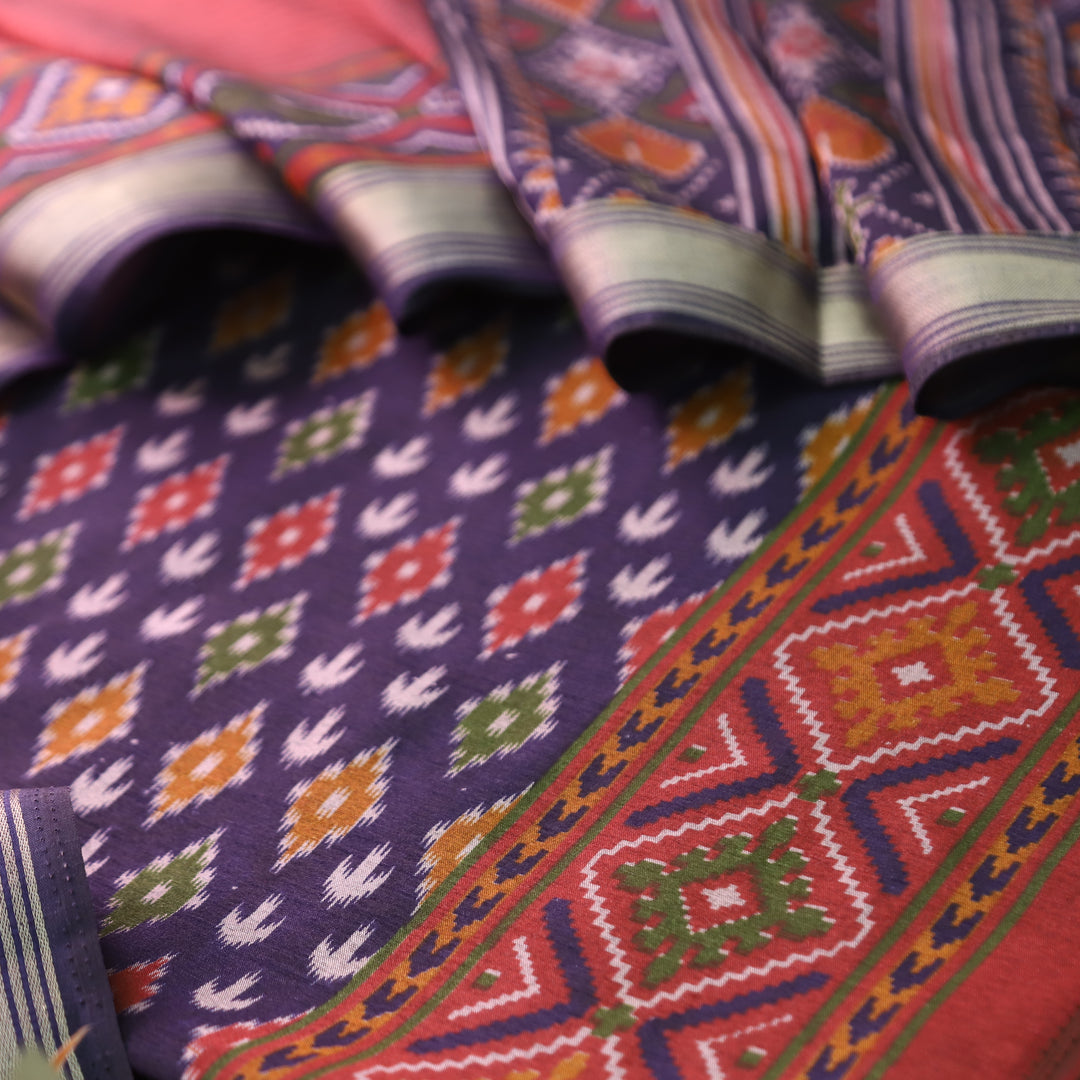 Rua Jamuni Blue Patola Shadow Printed Work Muslin Silk Set