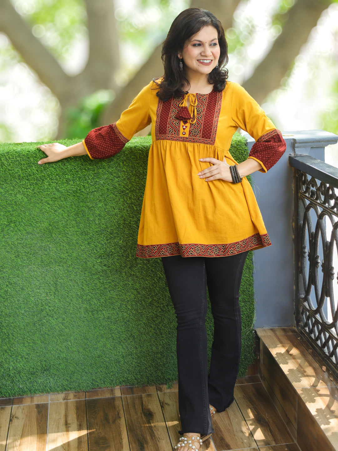 Naorang Yellow Ajrak Patch with Mirror Peplum Short Cotton Kurti