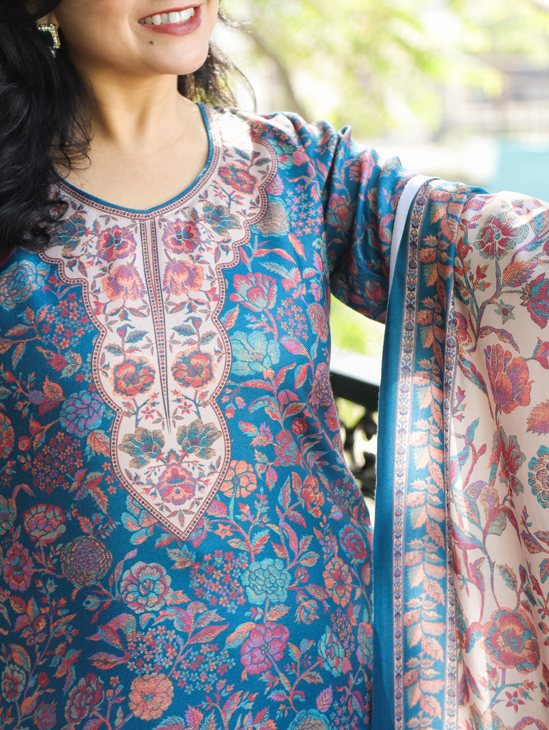 Tejaswi Aqua Teal Round Neck Kashmiri Floral Print Semi Pashmina 3 Piece Set