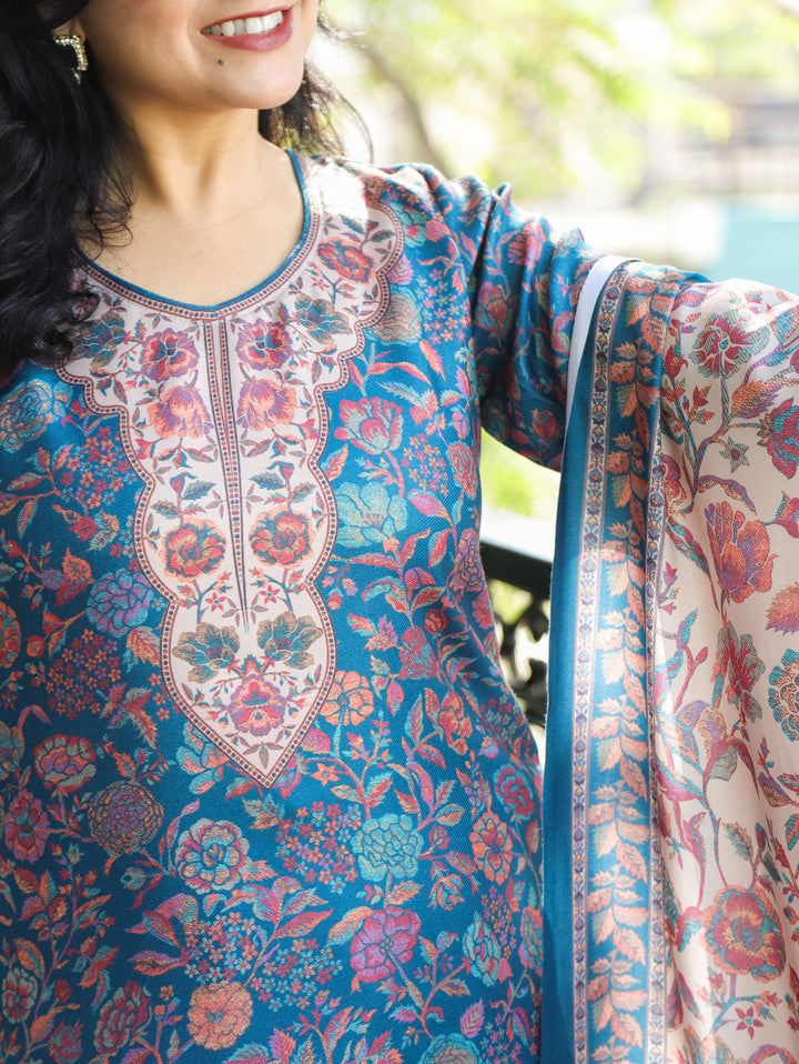 Tejaswi Aqua Teal Round Neck Kashmiri Floral Print Semi Pashmina 3 Piece Set