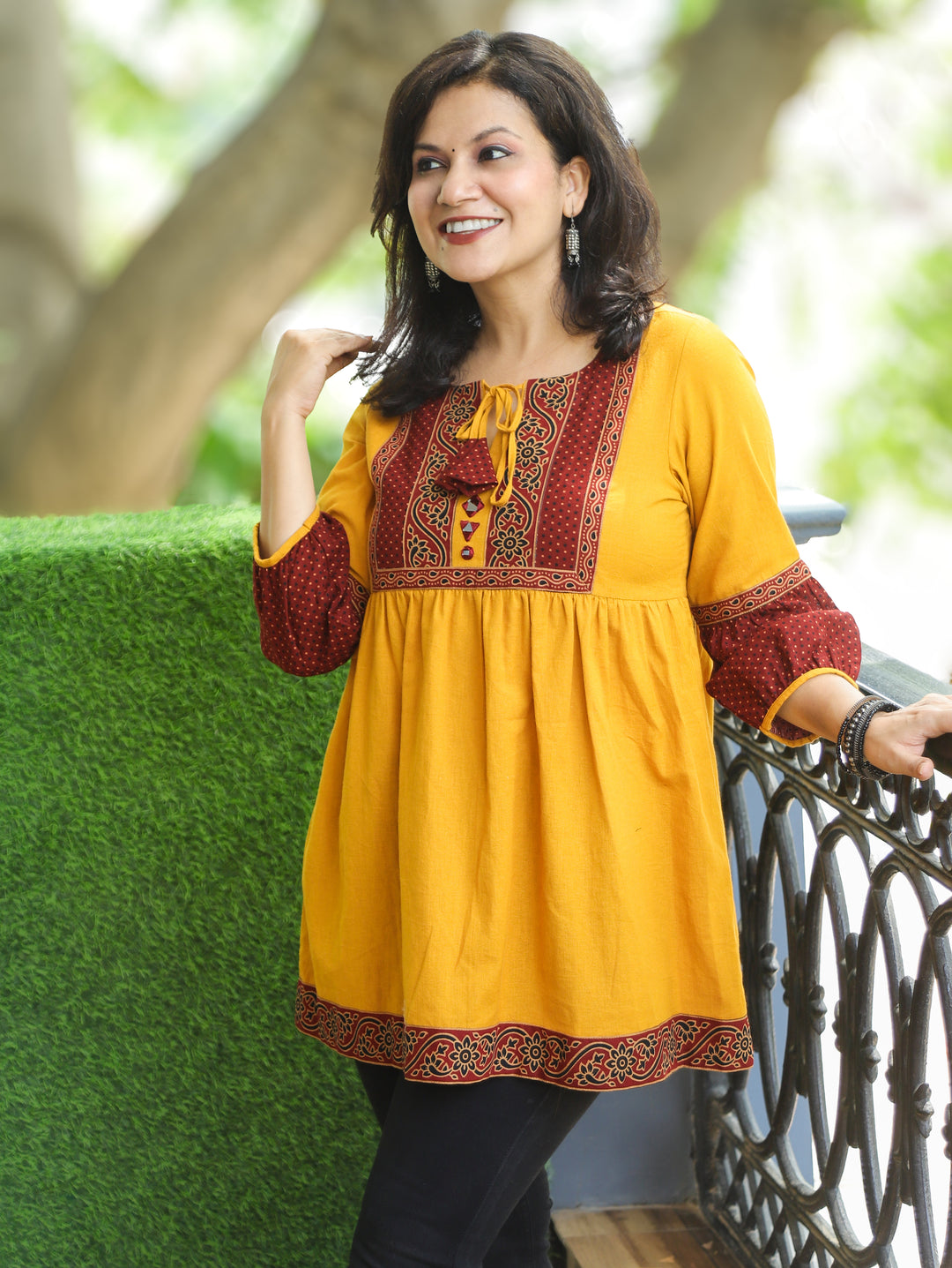 Naorang Yellow Ajrak Patch with Mirror Peplum Short Cotton Kurti