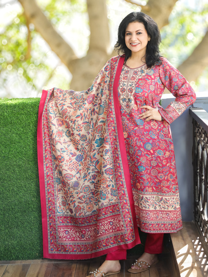 Tejaswi Bright Pink Round Neck Kashmiri Floral Print Semi Pashmina 3 Piece Set