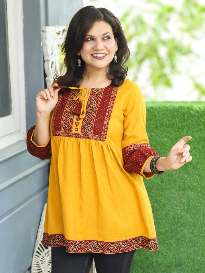 Naorang Yellow Ajrak Patch with Mirror Peplum Short Cotton Kurti