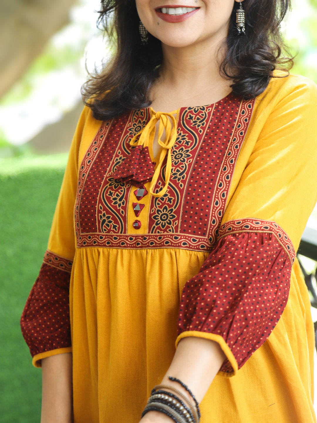 Naorang Yellow Ajrak Patch with Mirror Peplum Short Cotton Kurti