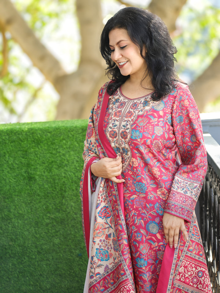 Tejaswi Bright Pink Round Neck Kashmiri Floral Print Semi Pashmina 3 Piece Set