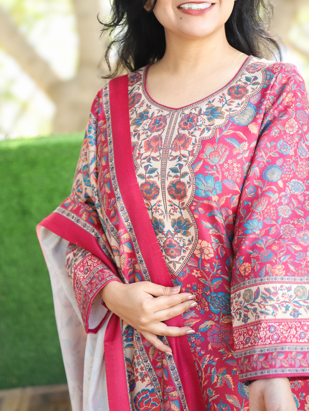 Tejaswi Bright Pink Round Neck Kashmiri Floral Print Semi Pashmina 3 Piece Set