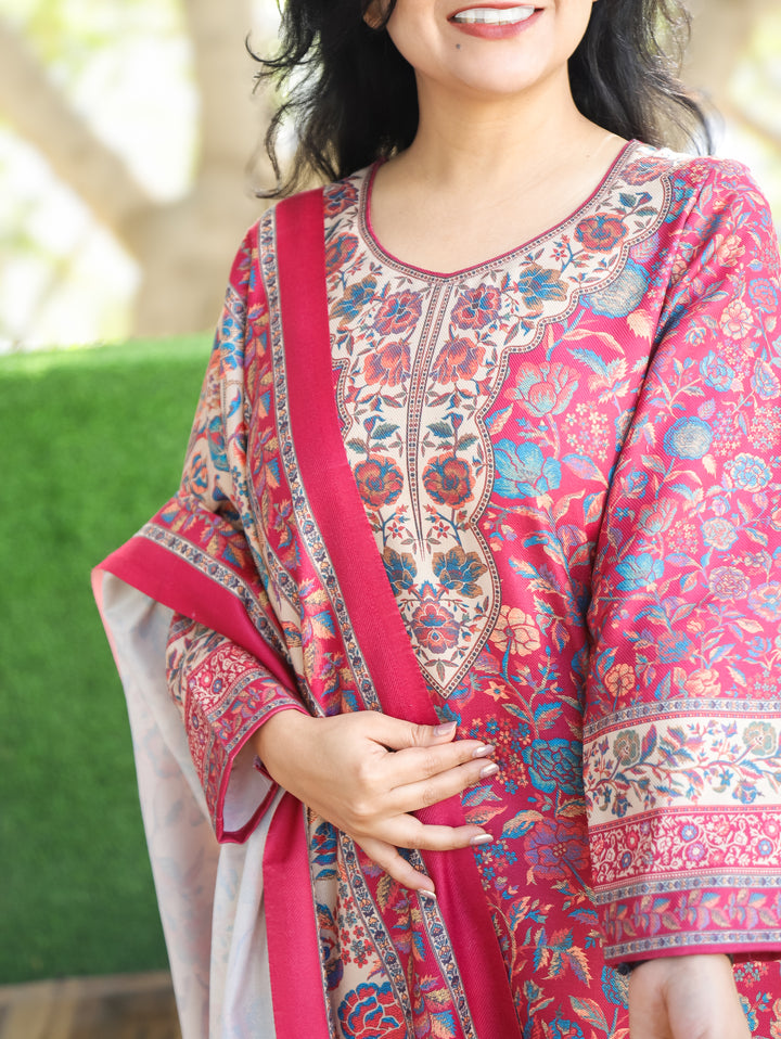 Tejaswi Bright Pink Round Neck Kashmiri Floral Print Semi Pashmina 3 Piece Set