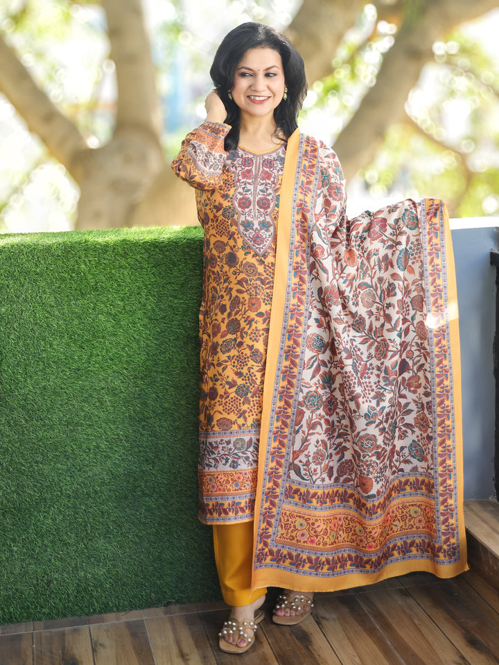 Tejaswi Canary Yellow Round Neck Kashmiri Floral Print Semi Pashmina 3 Piece Set