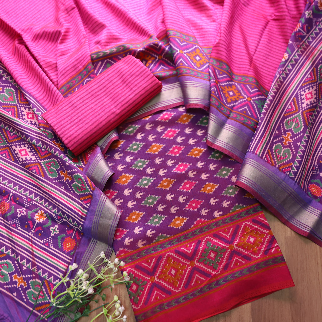 Rua Voilet Purple Patola Shadow Printed Work Muslin Silk Set