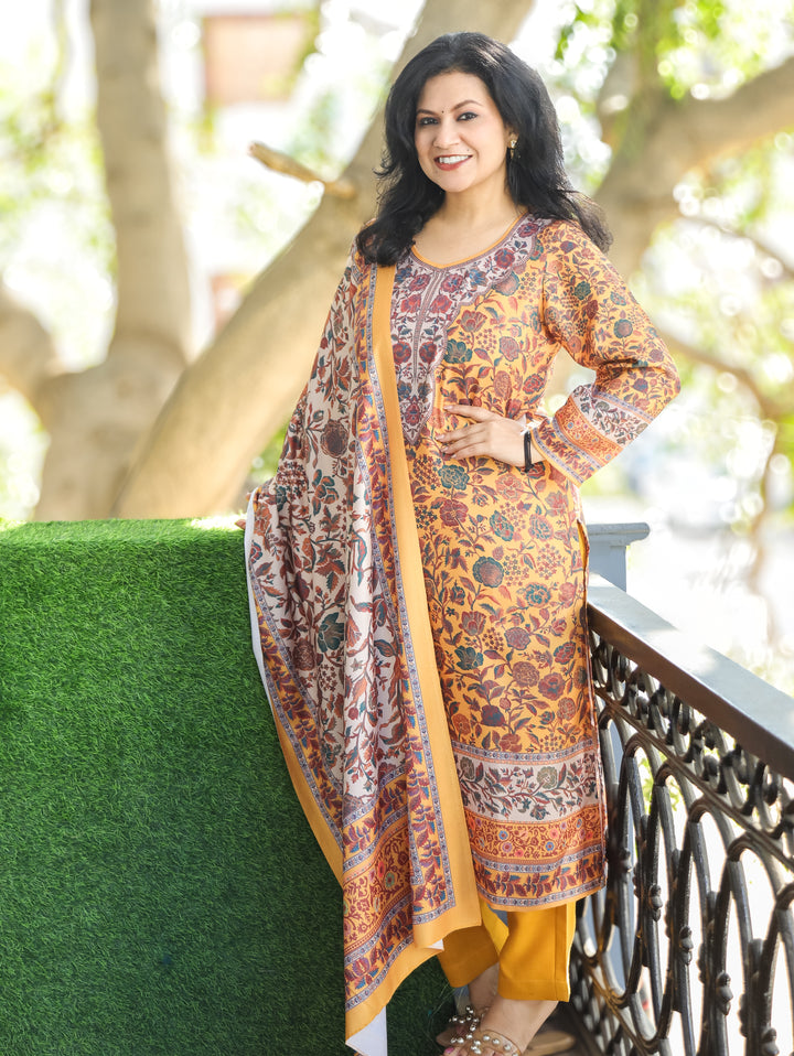 Tejaswi Canary Yellow Round Neck Kashmiri Floral Print Semi Pashmina 3 Piece Set