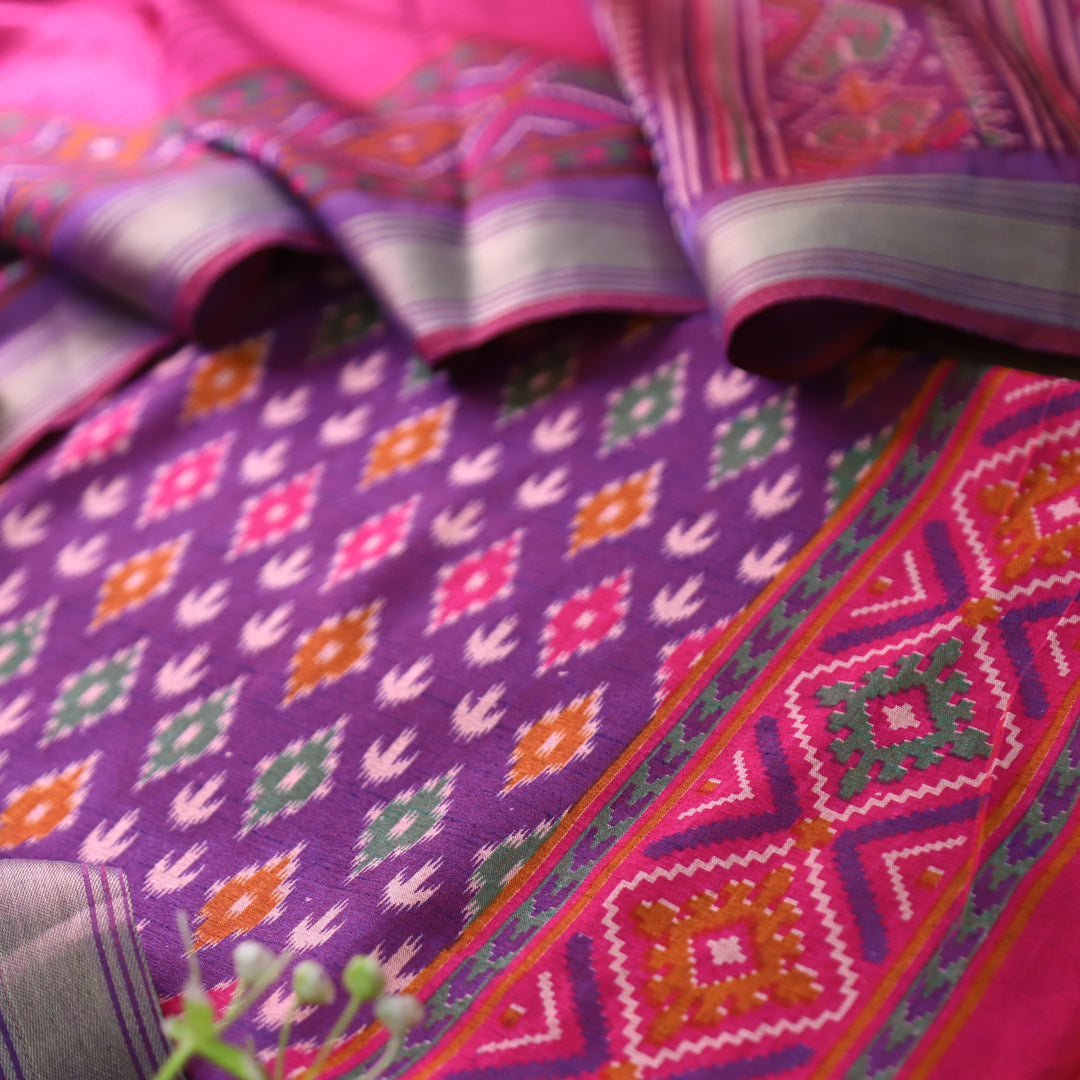 Rua Voilet Purple Patola Shadow Printed Work Muslin Silk Set