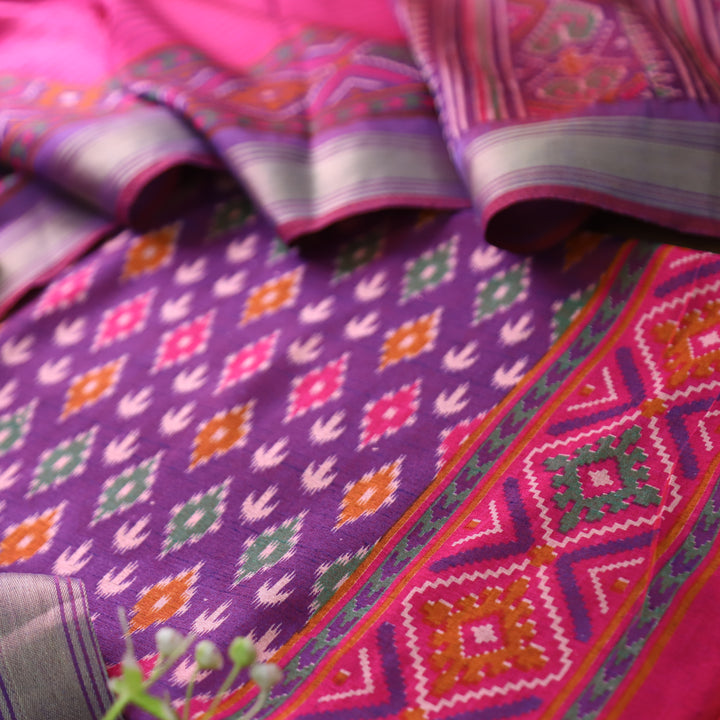 Rua Voilet Purple Patola Shadow Printed Work Muslin Silk Set