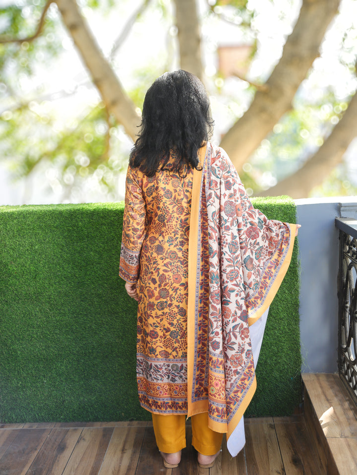 Tejaswi Canary Yellow Round Neck Kashmiri Floral Print Semi Pashmina 3 Piece Set