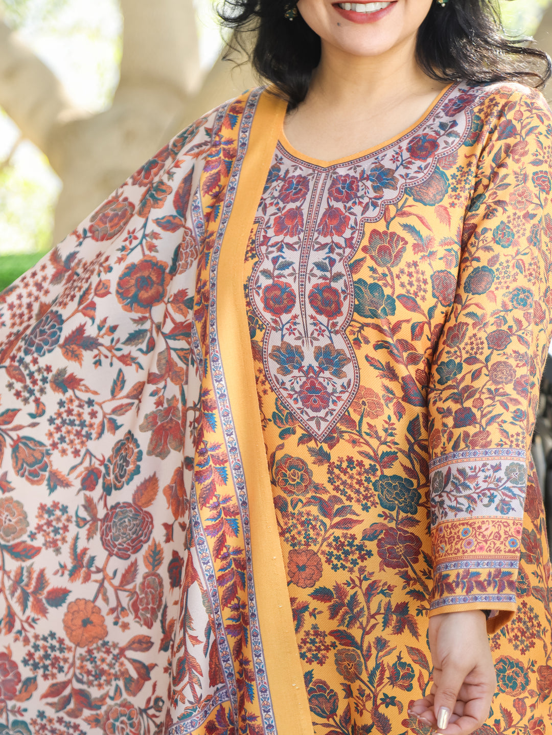 Tejaswi Canary Yellow Round Neck Kashmiri Floral Print Semi Pashmina 3 Piece Set