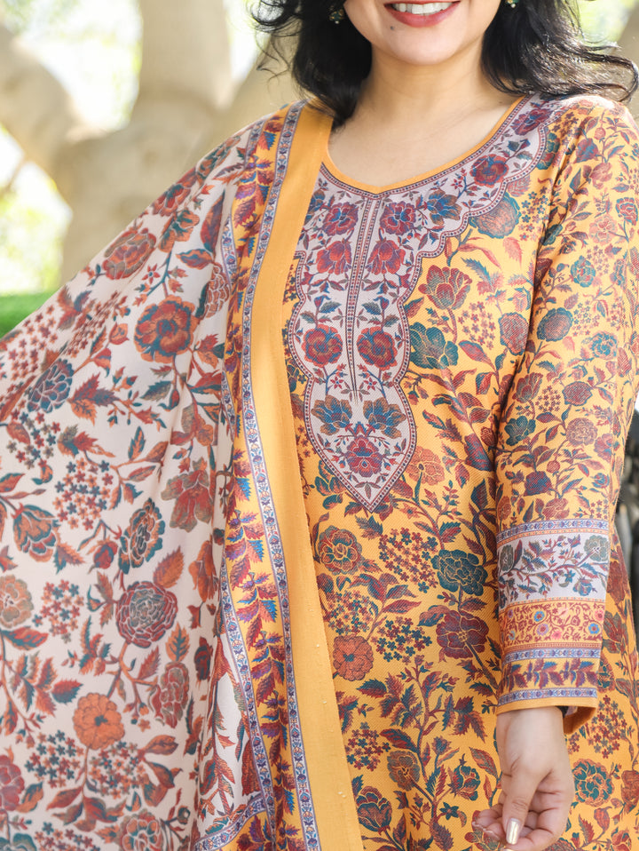 Tejaswi Canary Yellow Round Neck Kashmiri Floral Print Semi Pashmina 3 Piece Set