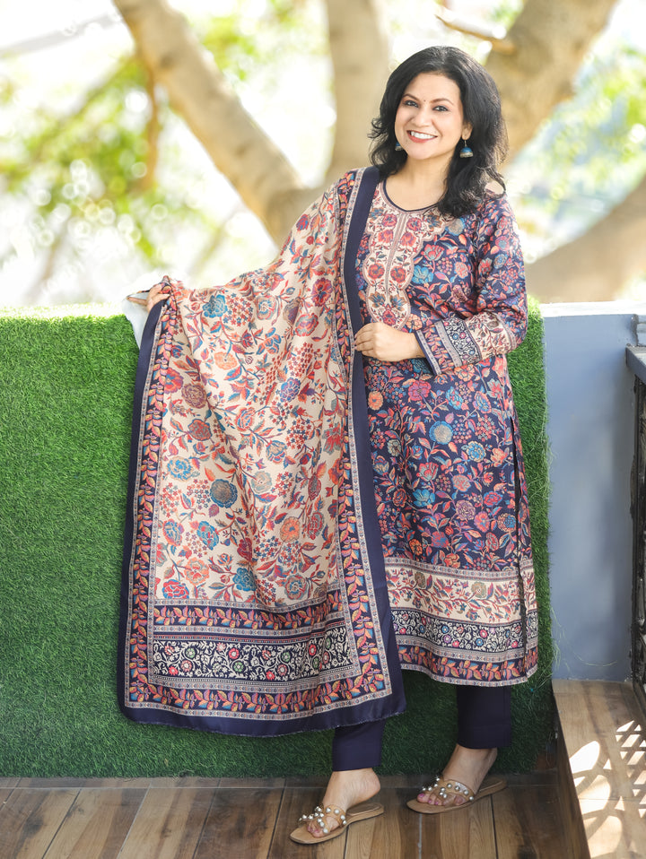 Tejaswi Navy Blue Round Neck Kashmiri Floral Print Semi Pashmina 3 Piece Set