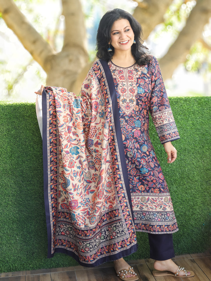 Tejaswi Navy Blue Round Neck Kashmiri Floral Print Semi Pashmina 3 Piece Set