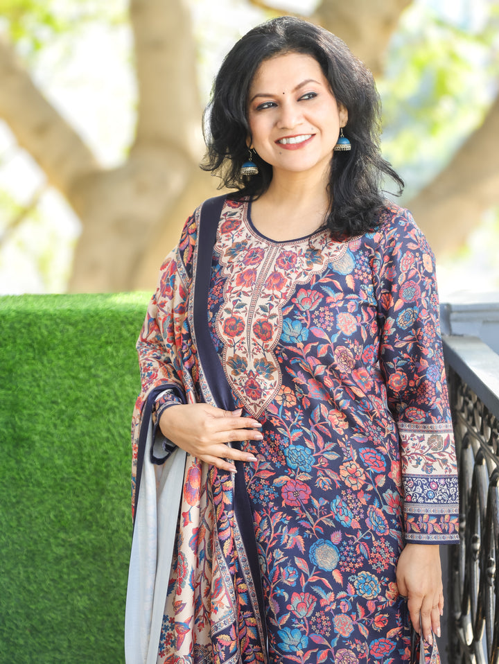 Tejaswi Navy Blue Round Neck Kashmiri Floral Print Semi Pashmina 3 Piece Set