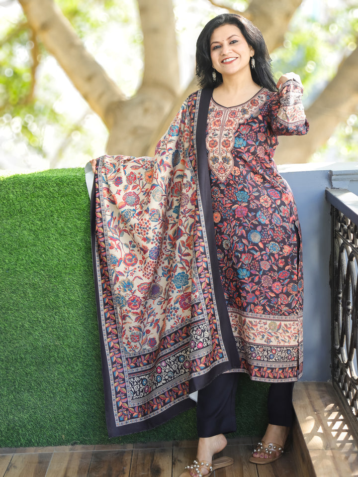 Tejaswi Ebony Black Round Neck Kashmiri Floral Print Semi Pashmina 3 Piece Set