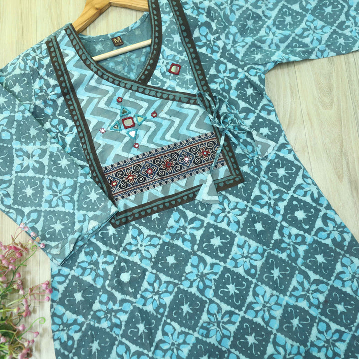 Ghoomar Sky Blue Kutch Mirror Neck Work Angrakha Dabu Cotton Kurti-D1