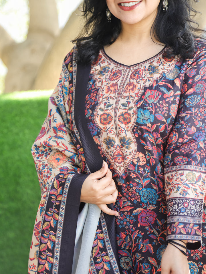 Tejaswi Ebony Black Round Neck Kashmiri Floral Print Semi Pashmina 3 Piece Set