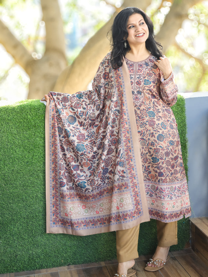 Tejaswi Hazel Tan Round Neck Kashmiri Floral Print Semi Pashmina 3 Piece Set