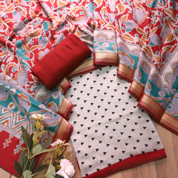 Tamanna Sand Beige with Red Kalamkari Print Maheswari Chanderi Set