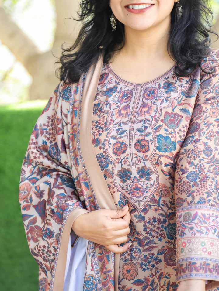 Tejaswi Hazel Tan Round Neck Kashmiri Floral Print Semi Pashmina 3 Piece Set