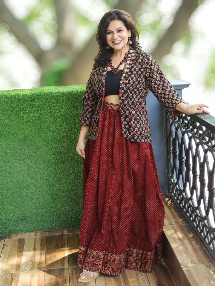 Selena Ebony Black Mirror Work Ajrak Print Cotton Blazer