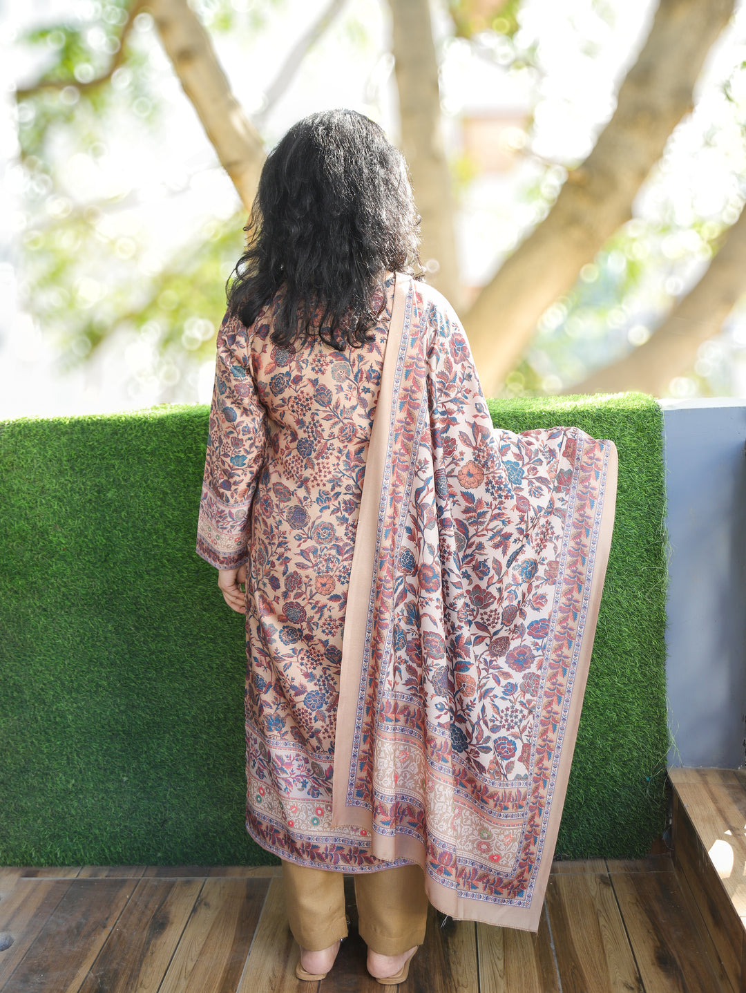 Tejaswi Hazel Tan Round Neck Kashmiri Floral Print Semi Pashmina 3 Piece Set