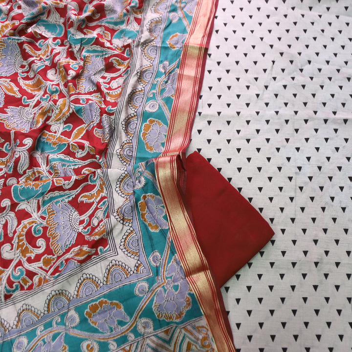 Tamanna Sand Beige with Red Kalamkari Print Maheswari Chanderi Set