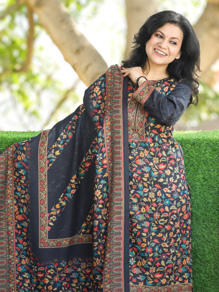 Saawari Ebony Black Round Neck Kanni Print Semi Pashmina 3 Piece Set