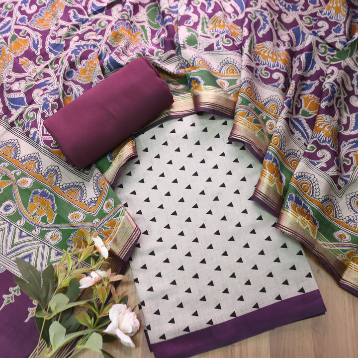 Tamanna Sand Beige with Wine Kalamkari Print Maheswari Chanderi Set